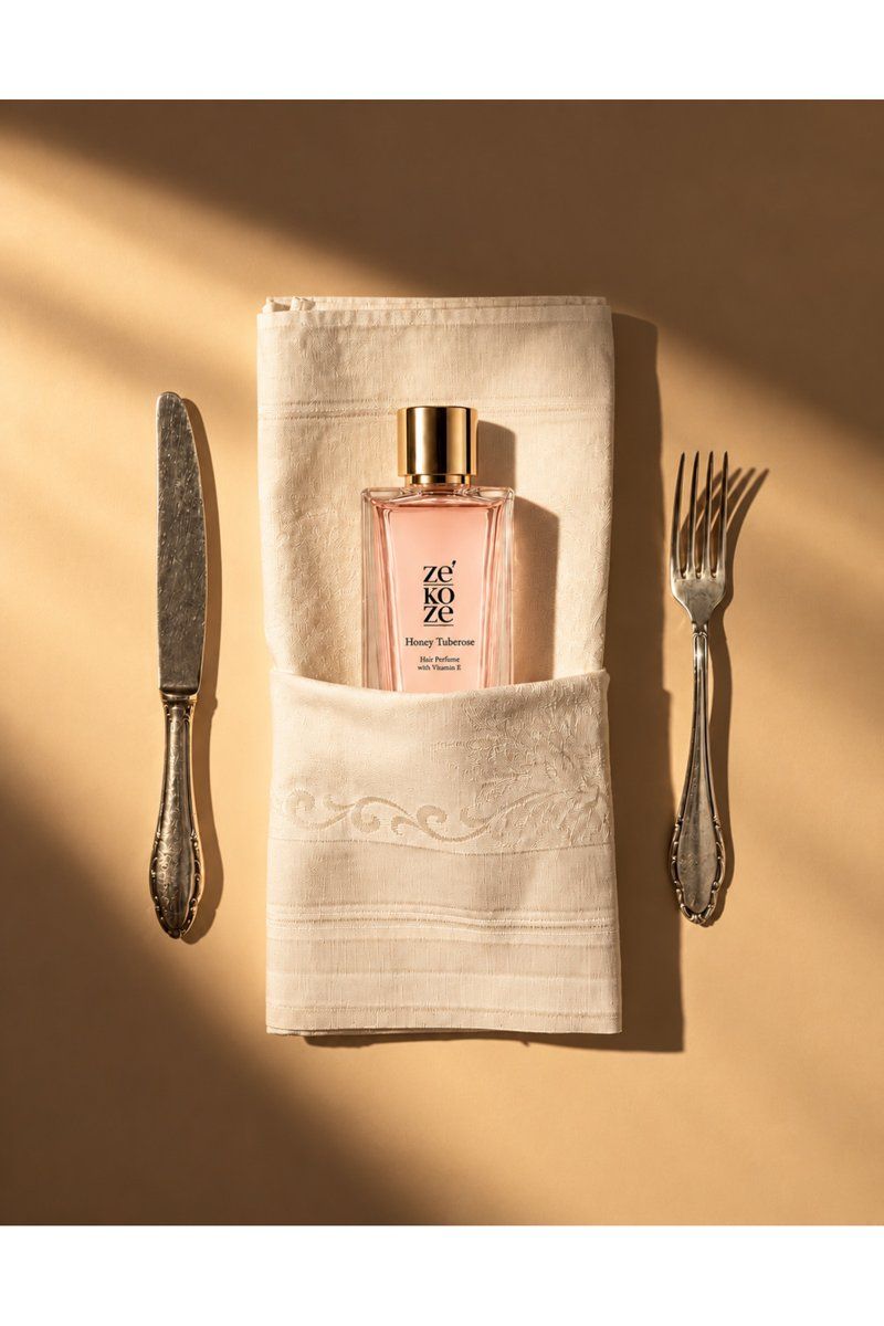 Peçete ve gümüş çatal bıçak arasında Honey Tuberose şişesi